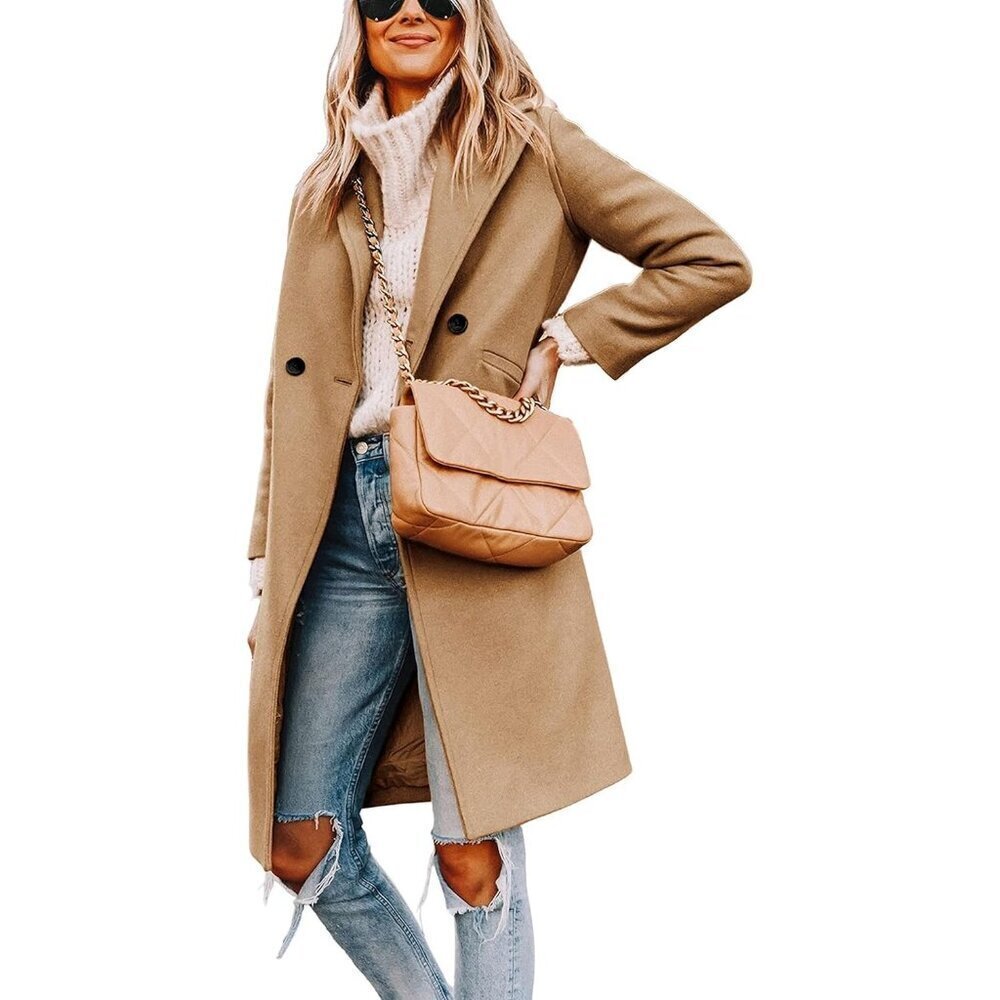 🆕Women's Khaki  Winter Wool Coat Casual Notch Lapel Single-Breasted Peacoat